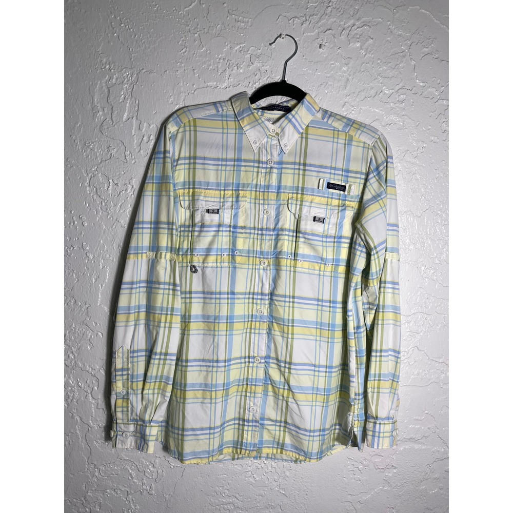 Columbia PFG Super‎ Bahama Fishing Shirt Mens Medium Yellow Blue Plaid L/S Vent
